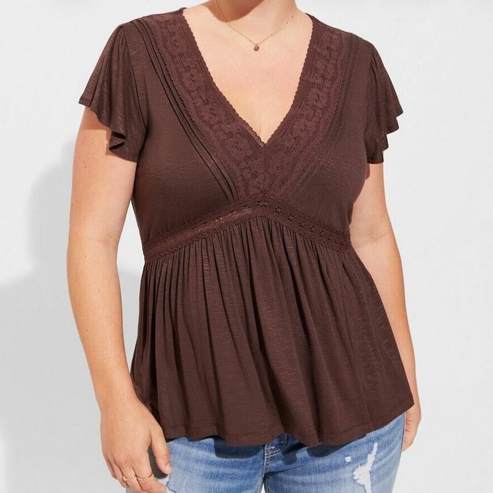 Torrid Knit V-Neck Lace Inset Babydoll Top Brown Size 5